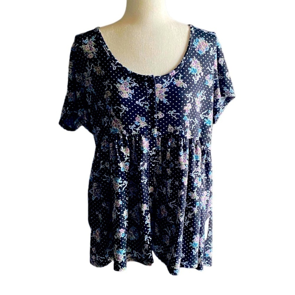 NWT-LORALETTE-BLACK FLORAL BABYDOLL TOP-SIZE 2X